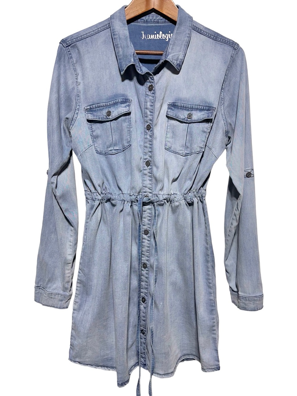 Tencel Lyocell Denim Shirt Dress Utility Chambray Cinch Waist Roll Tab Large